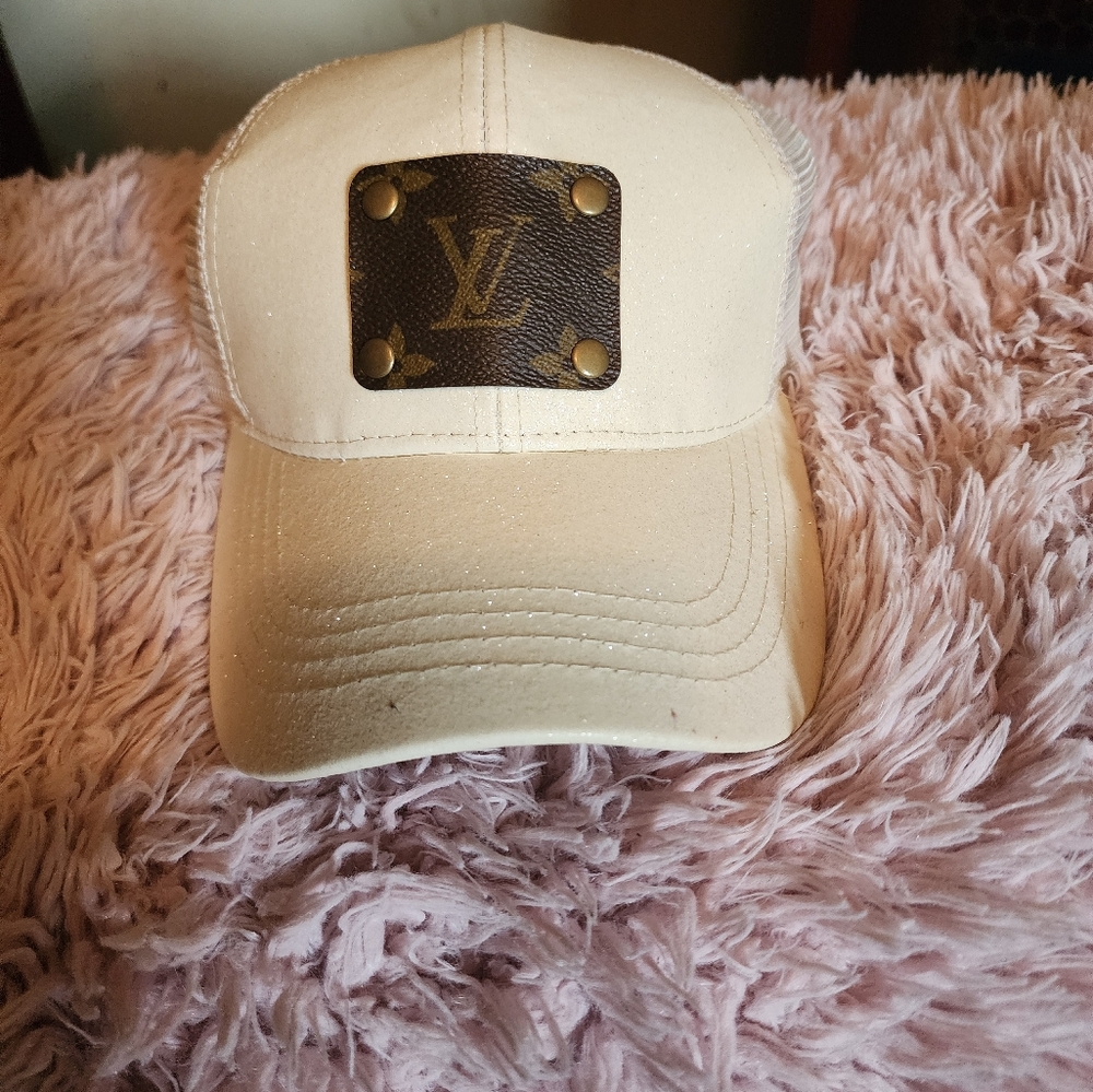 Upcycled Louis Vuitton Cream Glitter  Cap with Logo Patch